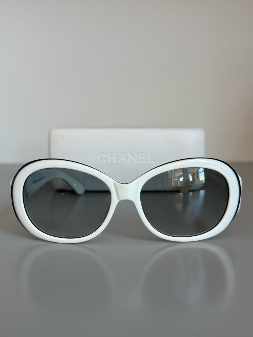 Vintage Chanel white sunglasses w/black & gold accents